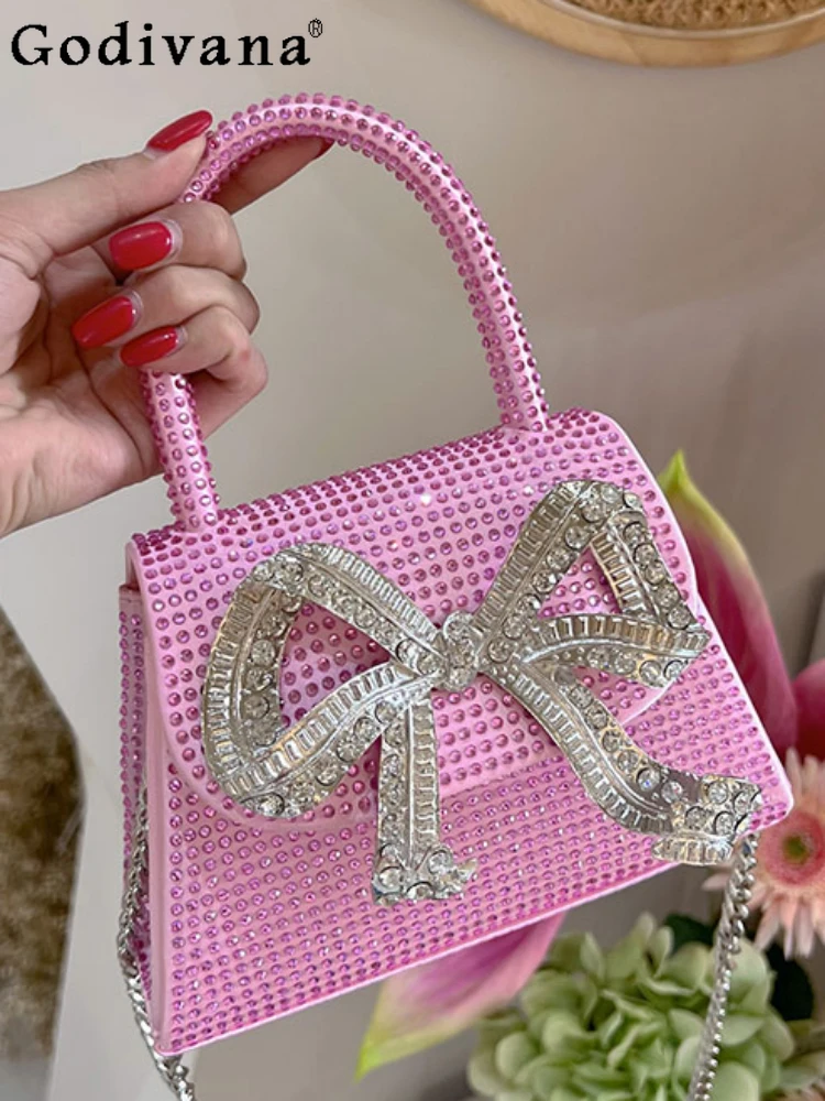 

Sweet Cute Elegant French Style Metal Bow Shoulder Bags Casual Fashion All-Match Banquet Diamonds Crossbody Bags for Ladies