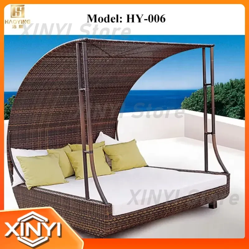 Custom Pool Furniture for Outdoor Use Garden Sun Loungers for Patio Wicker Rattan Steel Frame Adjustable Sunbed with Canopy