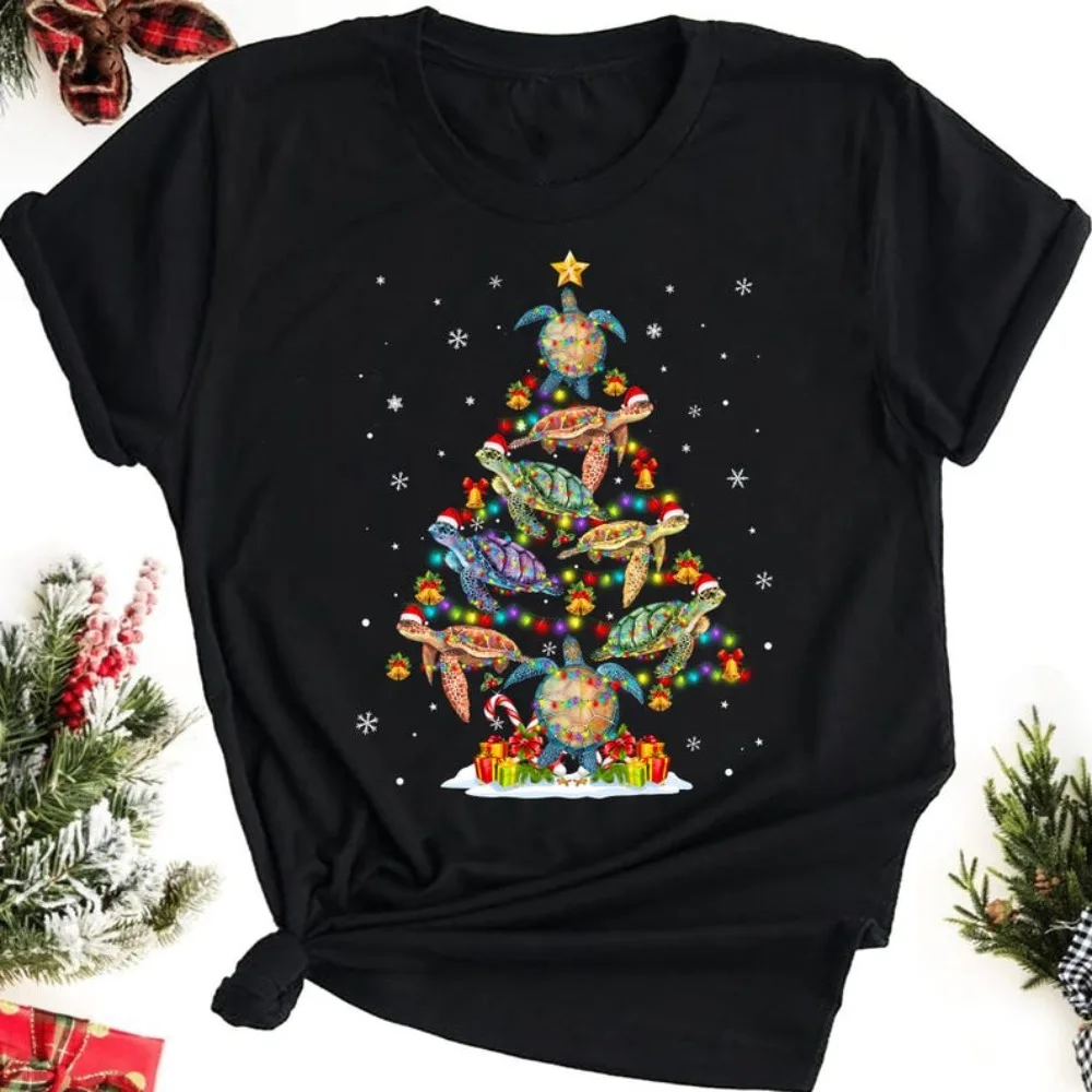 Tortue arbre de Noël chemise tortue mignonne unisexe T-shirt Art créatif vacances Tee le meilleur cadeau de Noël pour les amateurs de tortues de mer