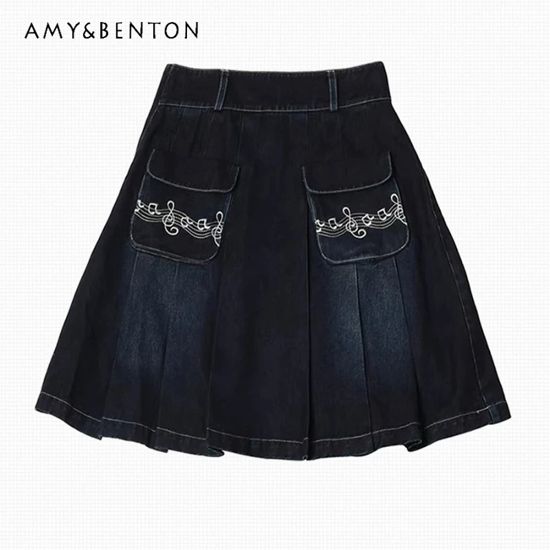 

American Retro Design Women's Skirt 2026 Summer New Sweet Cool Embroidery Pleated Versatile Dark Blue A-line Denim Skirts Ladies
