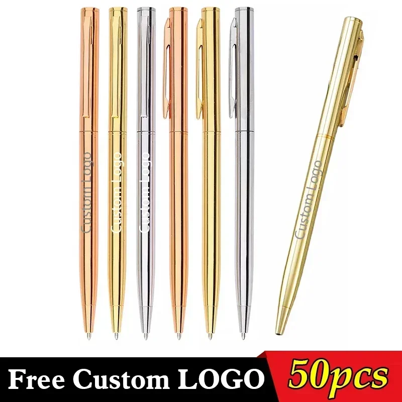 

50 Pcs Metal Ballpoint Pen Custom Logo Stationery Business Gift Lettering Engraved Name School Office Supplies Rose Gold Pen