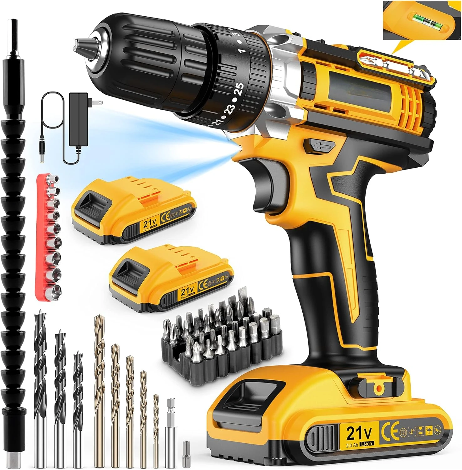 

21V Cordless Drill Set, Power Drill 59Pcs with 3/8 Inch Keyless Chuck, 25 3 Clutch Electric Drill with Work Light