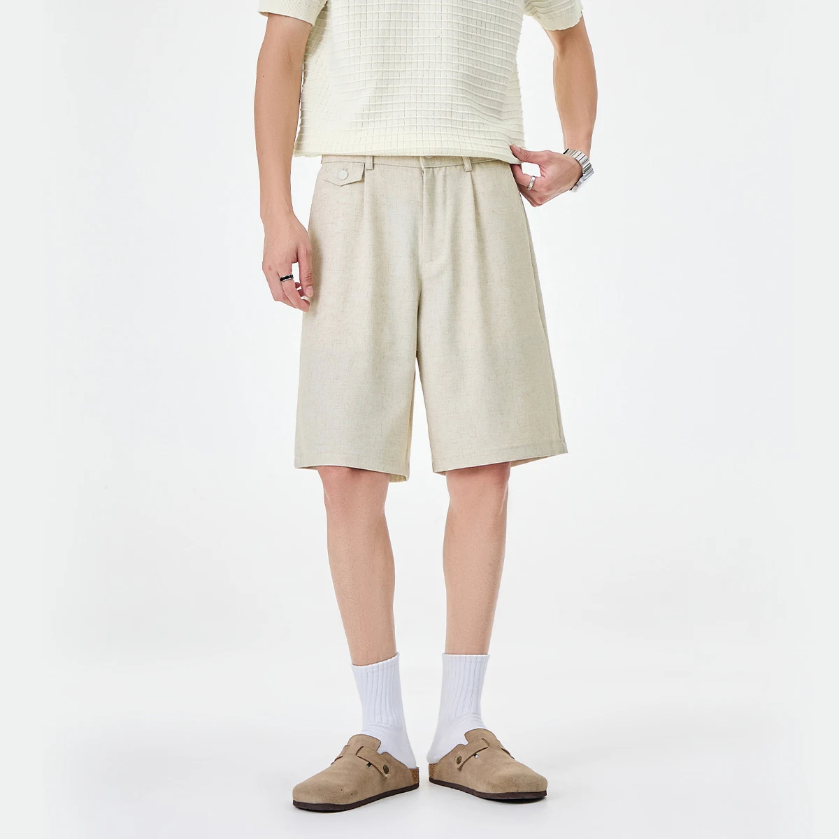 Men's Casual Linen Shorts Summer Outerwear Loose-fit Bermuda Shorts Breathable Slight Stretch