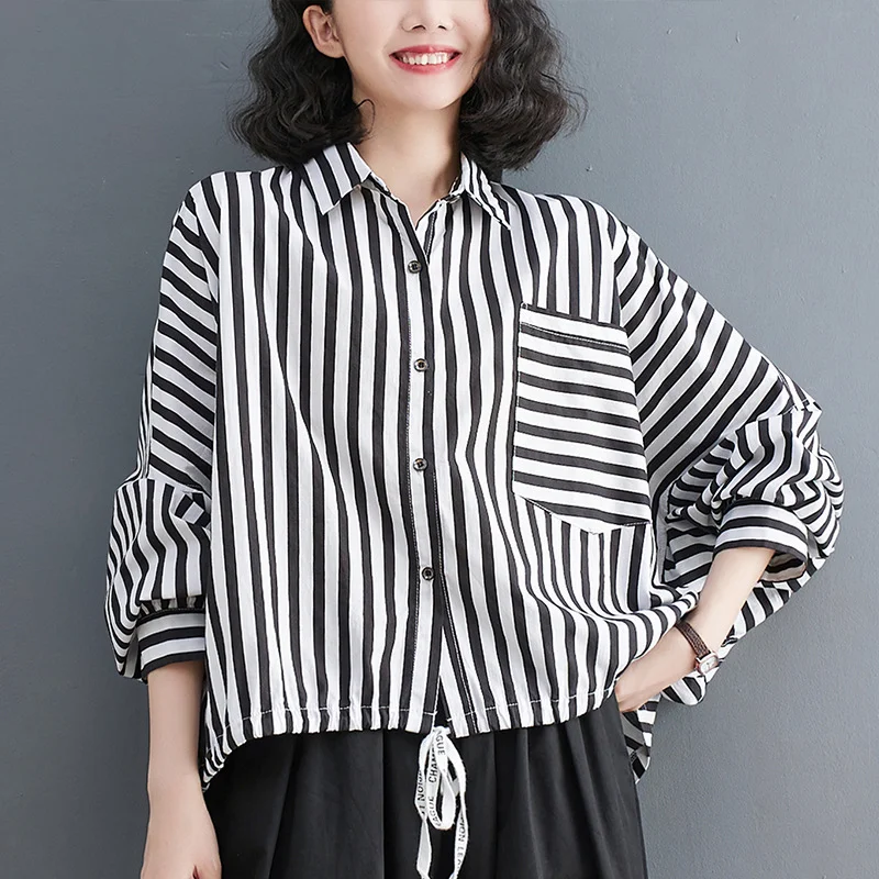 

Casual Shirts Literary Blouses 2024 New Korean Fashion Tops Black White Stripes Commuting Blouses Drawstring Loose Pocket Shirts