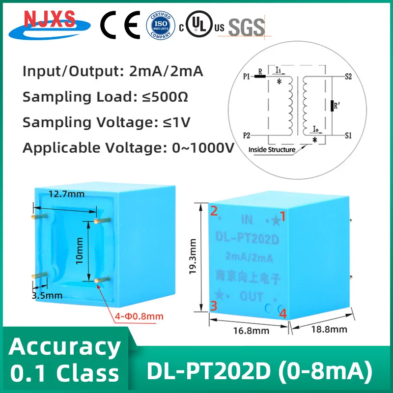 PCB Mount Mini Voltage Transformer 0.1 Class Precision DL-PT202D 1000/1000 2mA2mA NJXSE AC Current 4 Pins Blue VT Supplier