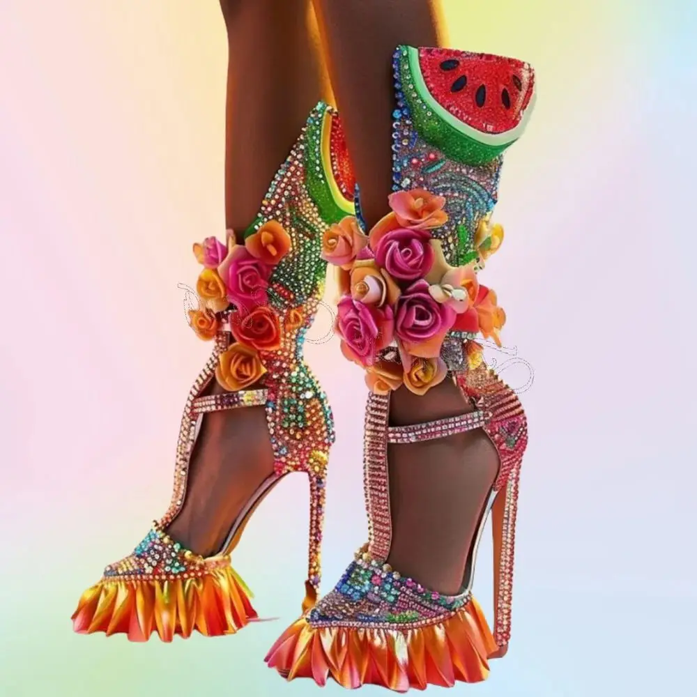 

Mixed Color Crystal Sandals Strange Style Boots Flower Decor Novel Shoes for Women Cover Toe Wedding Shoes 2025 Zapatillas Mujer