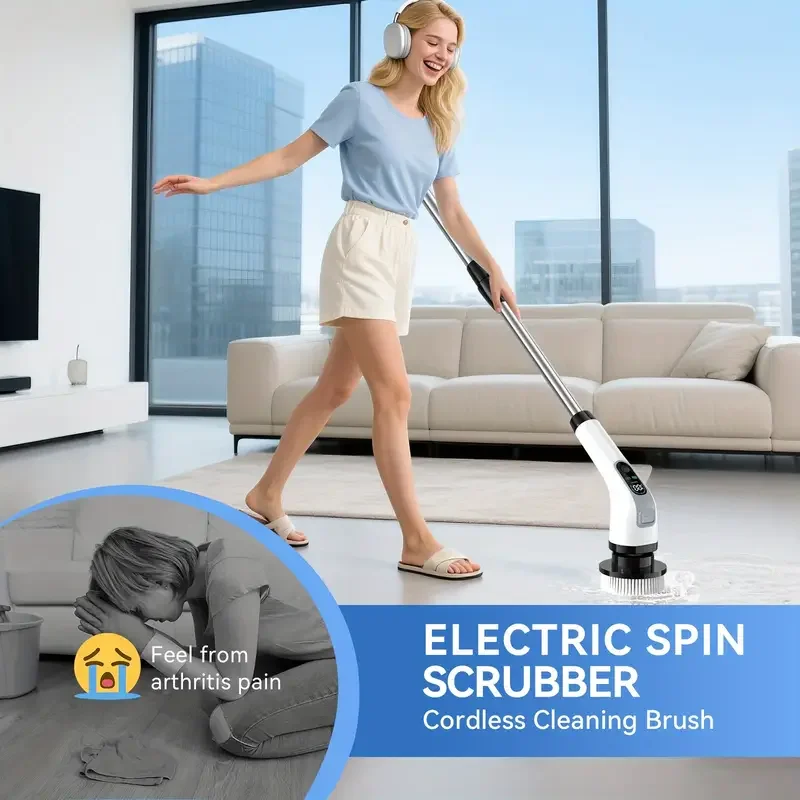 Electric Spin Scrubber Retractable Handle Adjustable Speeds Cordless Adjustable & Detachable Handle 7 Replaceable Brush Heads image 4