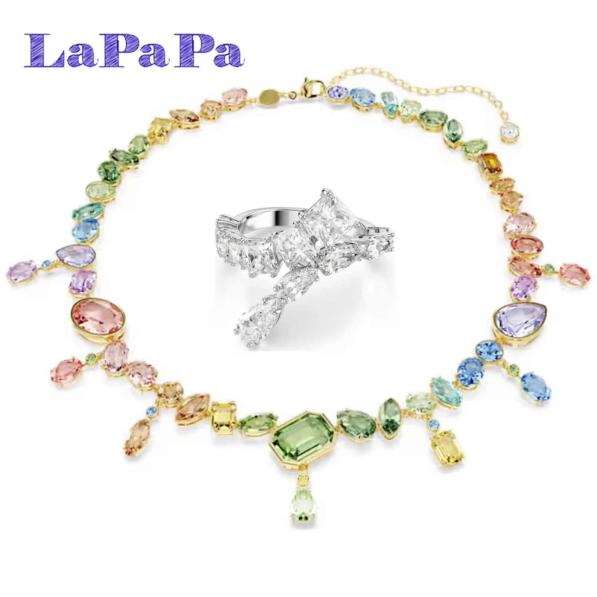 

Новый оригинальный женский ювелирный набор: ожерелье, серьги, браслет и кольцо с яркими кристаллами, сочетающими различные цвета.