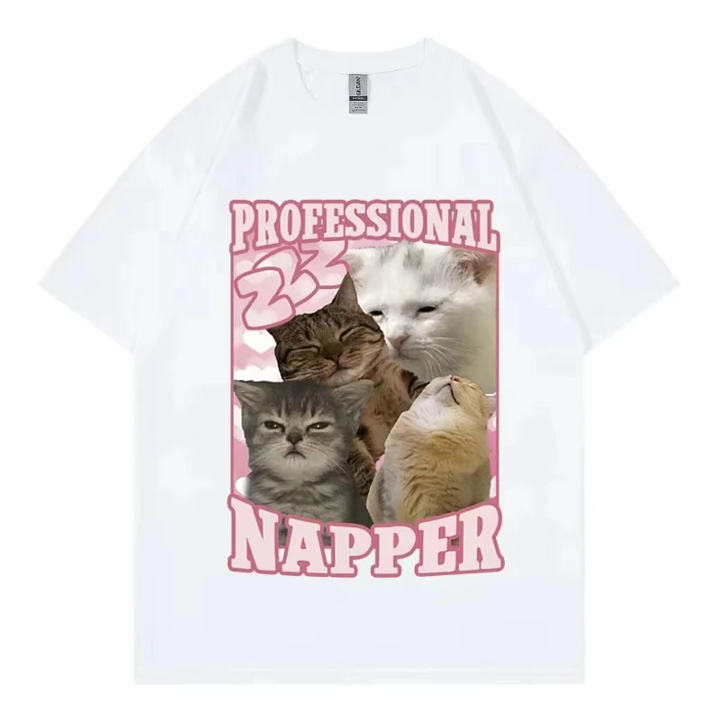 Professional Napper Funny Cat Meme T-shirt Kawaii Fashion Short Sleeve T-shirts High Quality Cotton Clothing Tee Shirt Unisex
