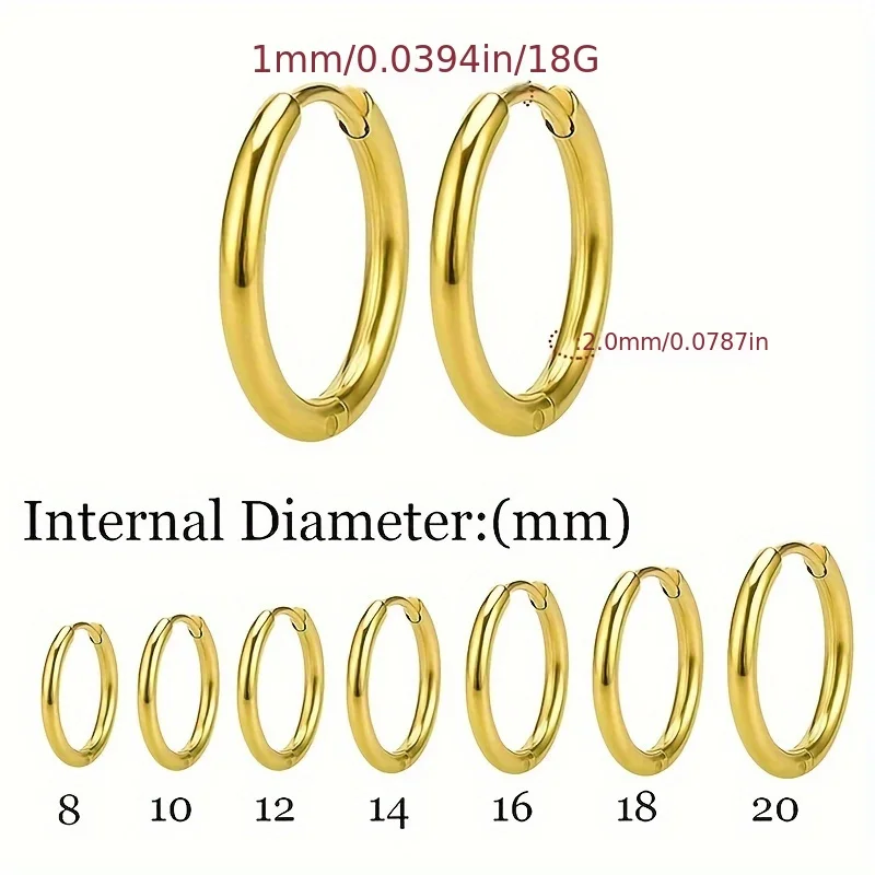 7 Pairs Minimalist Small Stainless Steel Hoop Earring Set Multi-hole Piercing Jewelry Set For Men Women 8/10/12/14/16/18/20mm