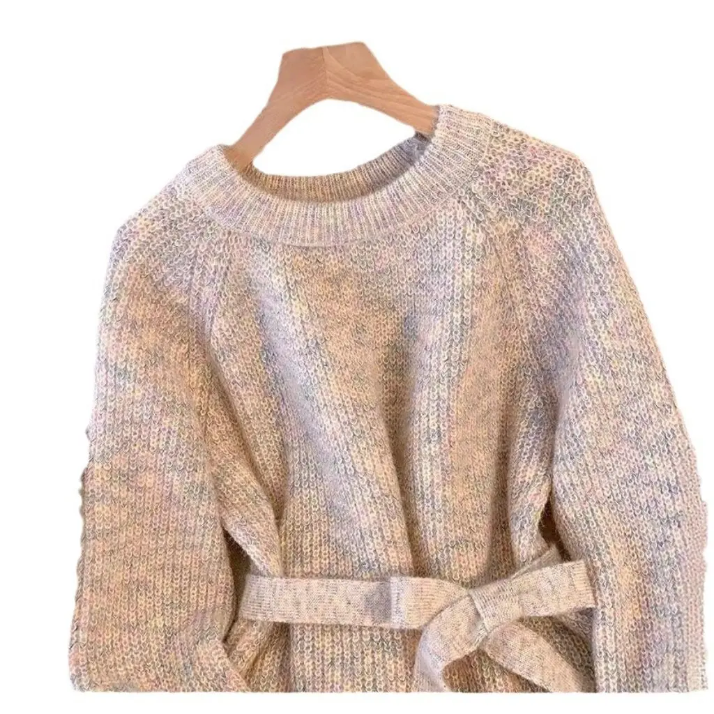 

Korean Large Size round Neck Women's Knitwear Loose Fit Mid-Length Pullover Slimming Appearancce for Autumn Lazy Style