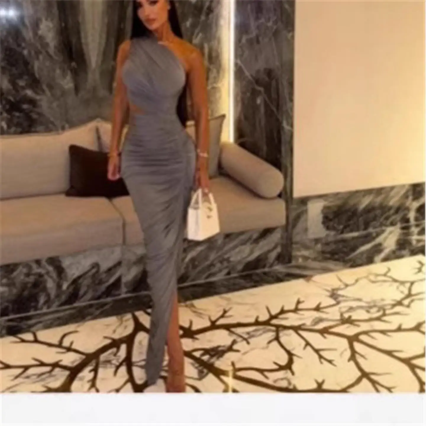 

2025 New Style Hollow out Slim Fit Dress with Pleats Shoulder Bridesmaid Dress Women's High Waist Dress Citywalk