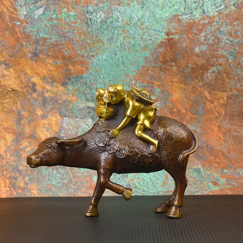 All-brass, gold-plated, child tending cattle figurine, home entrance decoration, copper cow gift ornament