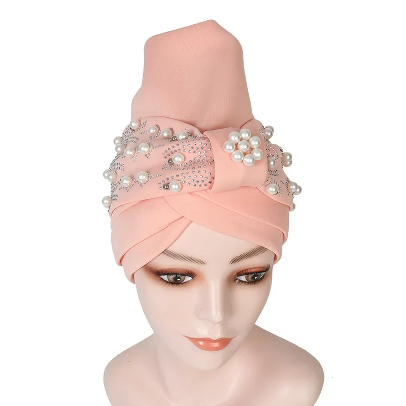 Pearls Beading African Turban Cap Auto Gele Headtie Nigerian Wedding Geles Female Head Wraps Muslim Headscarf Hijab Bonnet