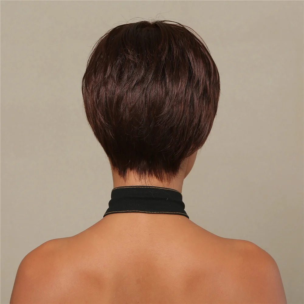 Short Dark Brown Pixie Cut Wigs for Women Blend Human Hair African Wigs With Bangs Natural Synthetic Wigs With 30% Human Hair