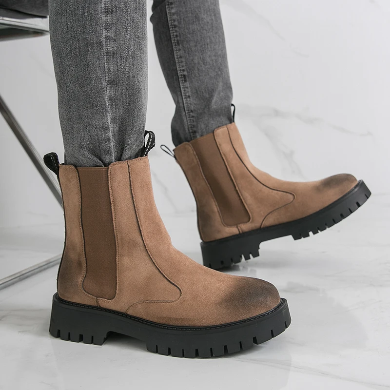 

Thick Bottom High Top Men Shoes Leather Fashion Ankle Boots Classic Chelsea Boots Casual Business Walking Shoes Man Travel Botas