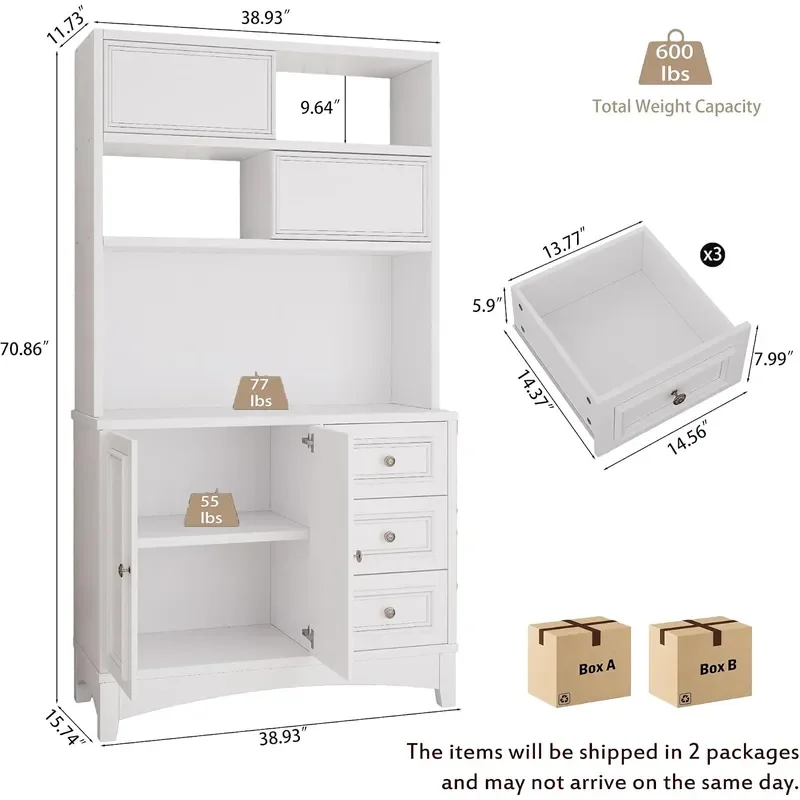 71 Tall Kitchen Pantry Cabinet with Microwave Shelf Built-in Charging Station Sliding Door Cabinet with Drawer Storage