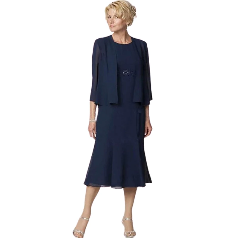 Customized Classic Navy Blue A-line Midi Dress with Embellishments Waist Matching Loose-Fitting Jacket the Mother of the Bride