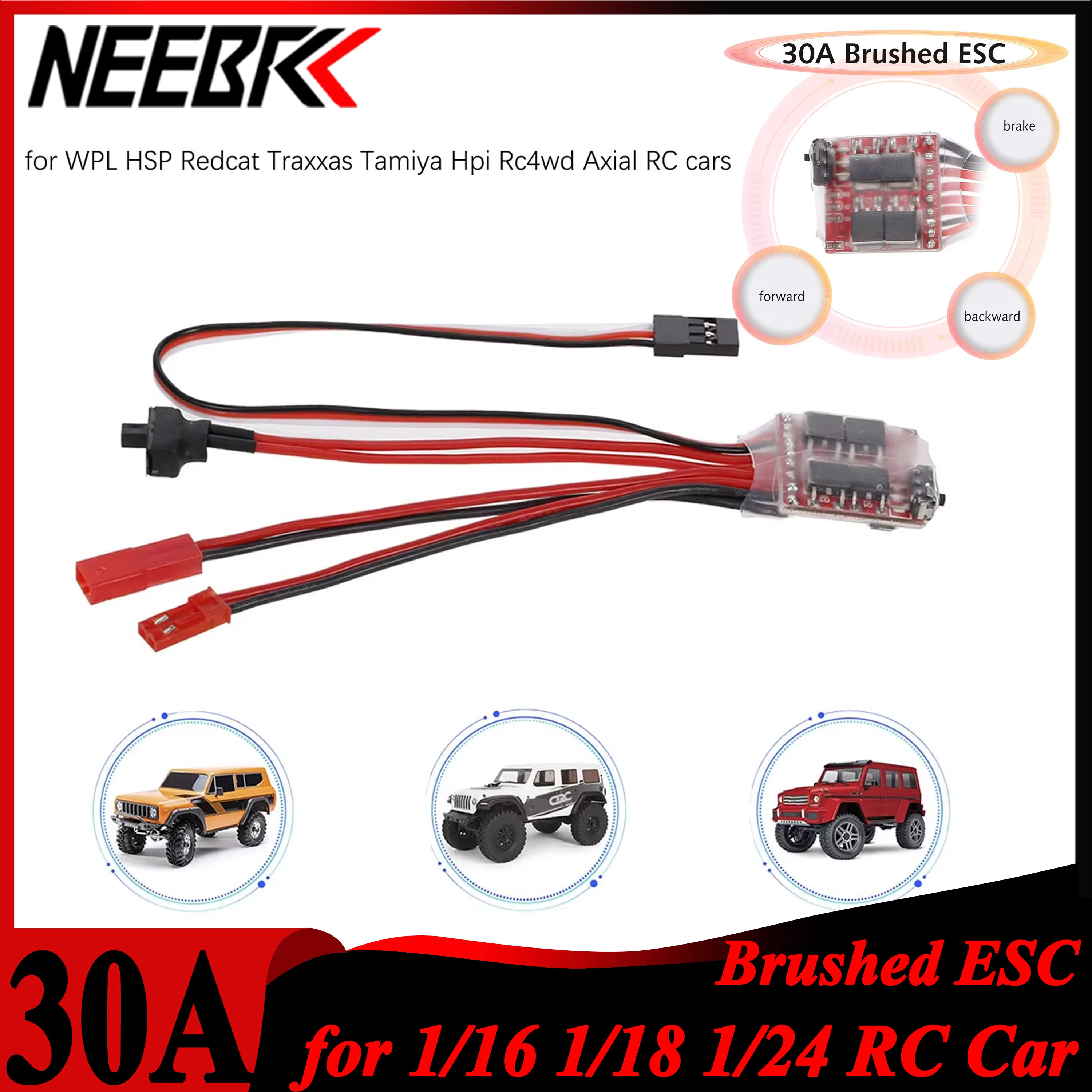 

NEEBRC 30A Brushed ESC Forward Backward Brake Dual Way Speed Controller for 1/16 1/18 1/24 RC Mini Car Boat 370 380 390 Motor