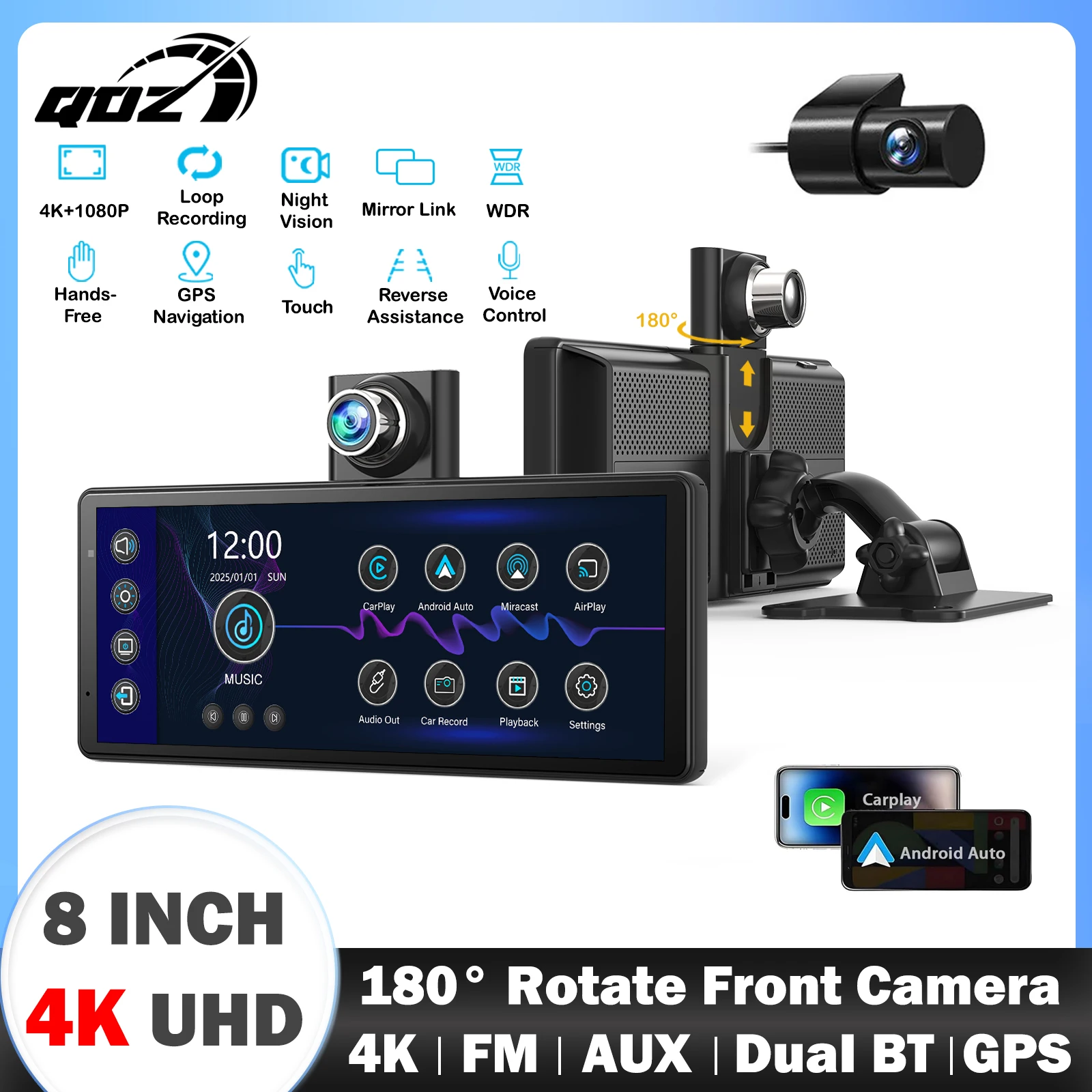 

QOZ 9" Wireless Car Stereo with 4K Dash Cam Wireless CarPlay & Android Auto Car DVR Bluetooth Audio AUX Dashboard Video Recorder