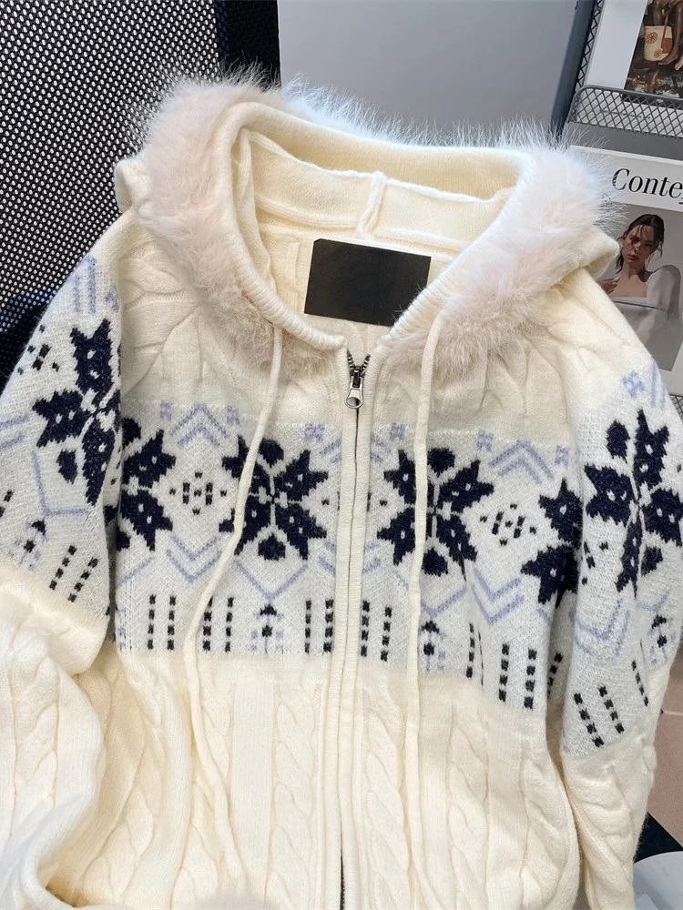

Retro Fair Isle Hooded Coat Sweatirt Women's Autumn Winter Korean Sle Unique Twisted Knitted Open Cardigan Sweater