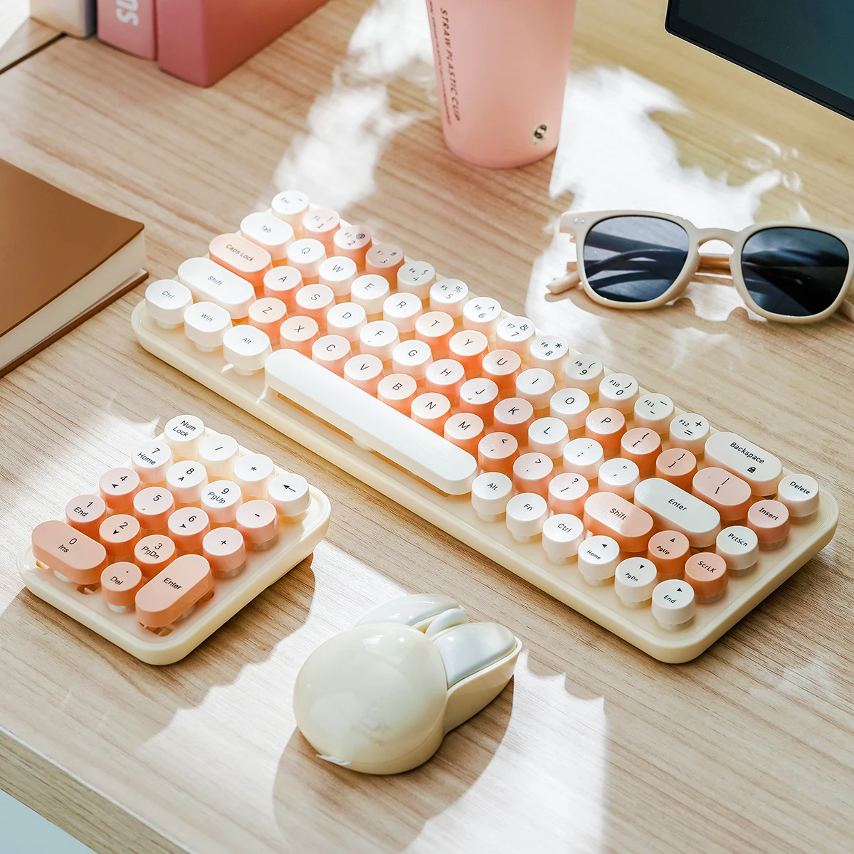 MOFii Set de Teclado y Ratón Inalámbrico 3 en 1, Teclas Redondas con Degradado de Té con Leche, 2.4G Plug and Play, Compatible con PC y Laptop, US QWERTY
