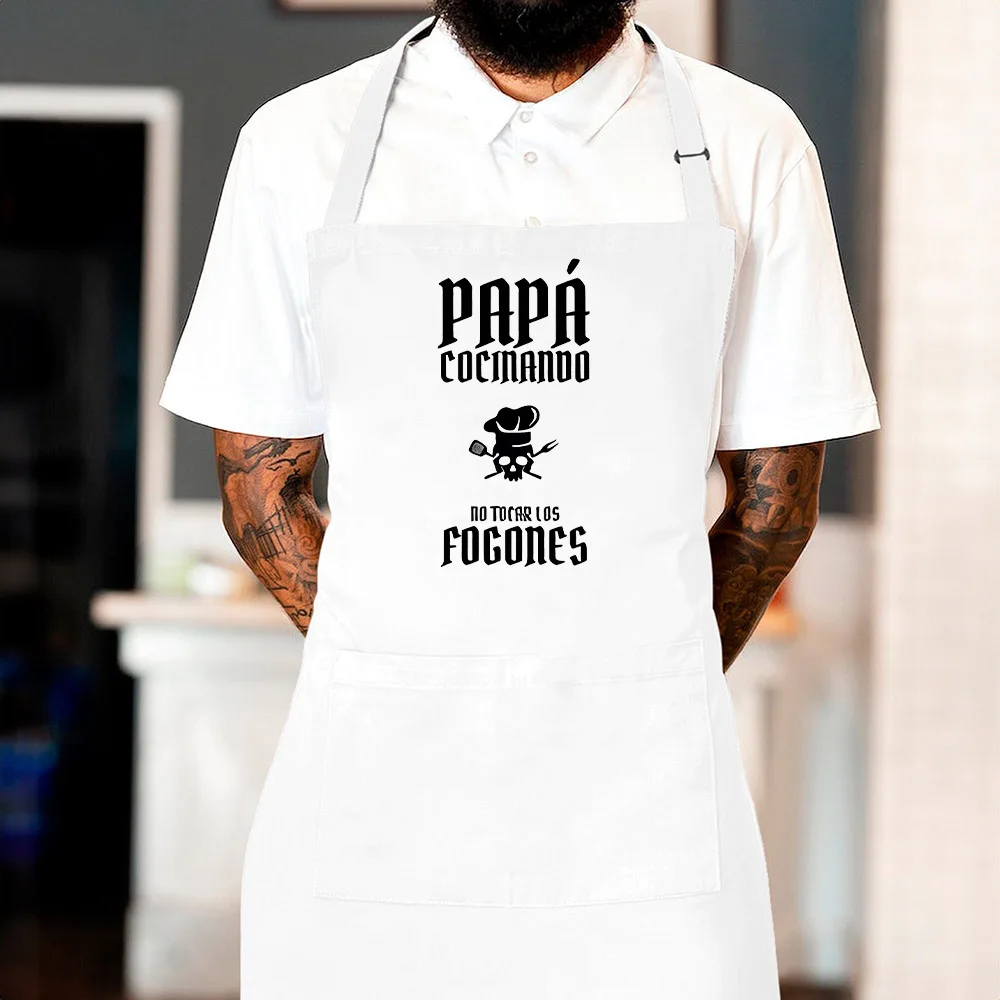 Dad Cooks Without Touching The Stove Print Apron Fathers Day Gift Aprons White Pocket Apron Adjustable Strap and Extra Pockets