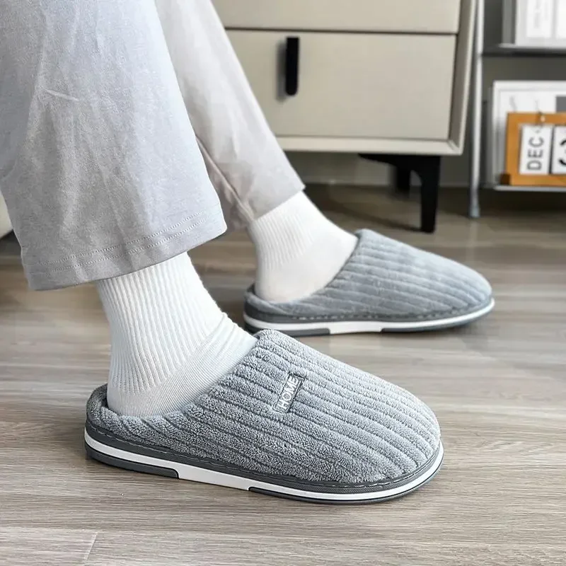 New Concise Men Warm Slippers Winter Women Furry Slides Bedroom Home Plush Non-Slip Shoes New Couples Comfort Fluffy Flats