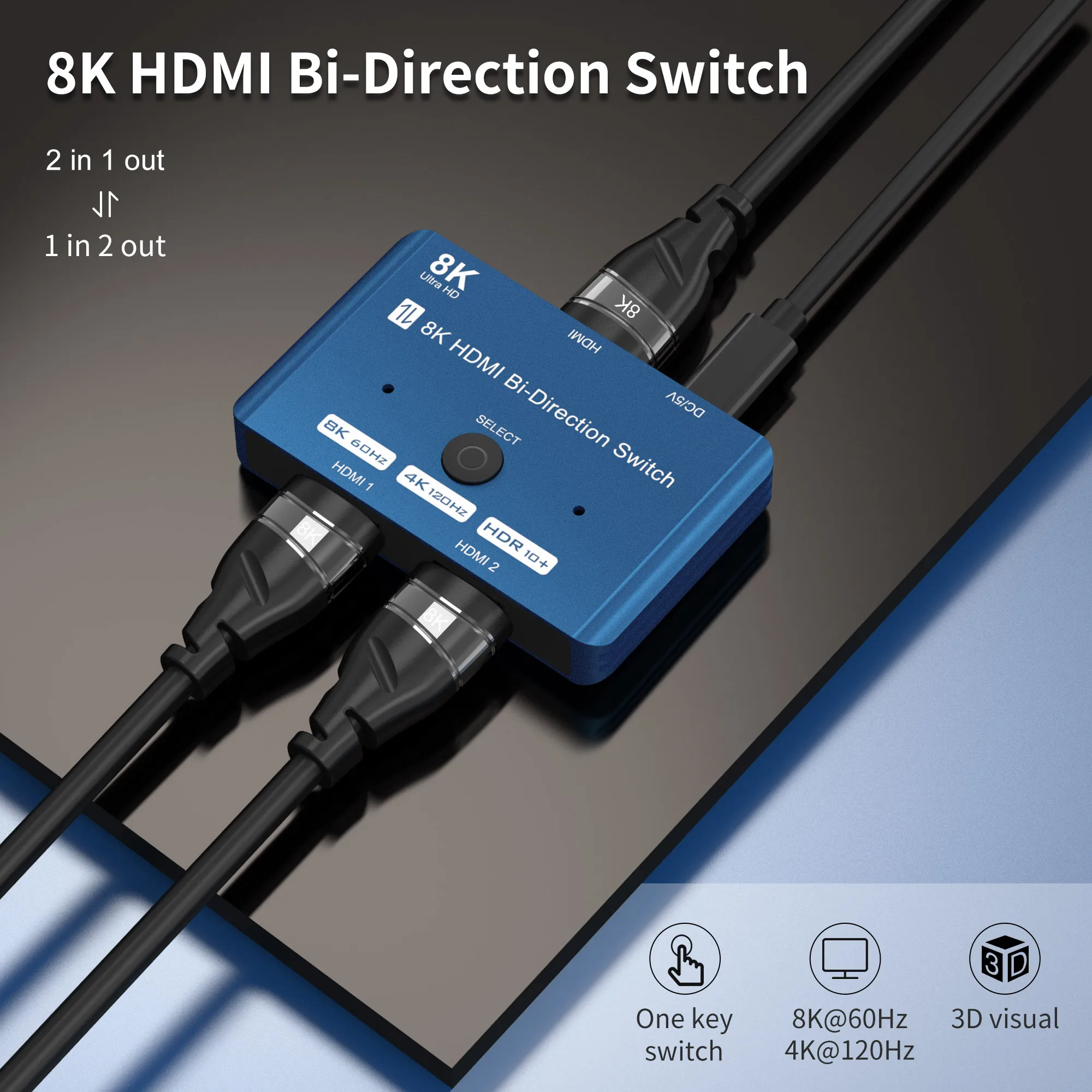 HDMI 2.1 Ultra 8K HD Bi-Directional Switch 2x1 1x2 8K Switcher Adapter 8K@60Hz 4K@120Hz HDR High Speed 48Gbps Splitter  for PC