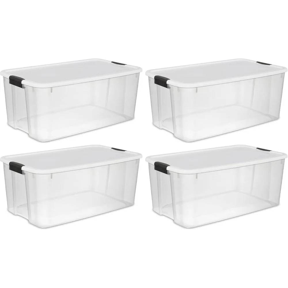 

116 Qt Ultra Latch Box, Stackable Storage Bin with Lid, Plastic Container with Heavy Duty Latches to Organize, Clear and White