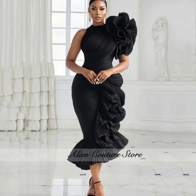 

Prom Dress Customized Black Mermaid -Vintage Party Gown Evening Gown Halter Mid-calf Length Formal Dress Wedding Dress
