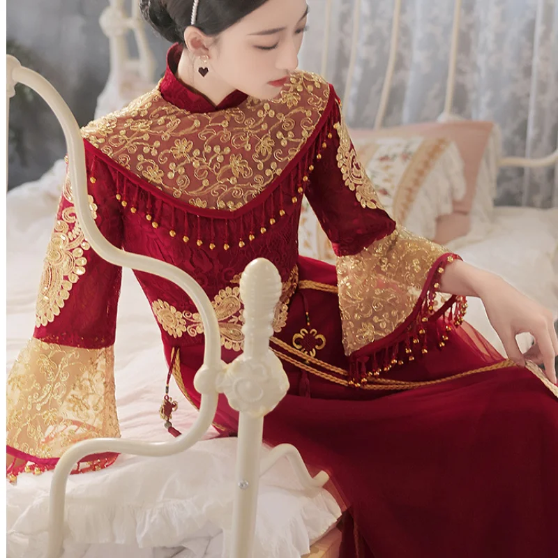 

Chinese Bride Wedding Dress Qipao Classic Mandarin Collar Cheongsam Evening Party Dress Patchwork Embroidery Lace Maxi Dress
