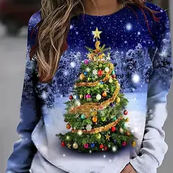 Colorful Christmas Tree Print Long Sleeved High-quality Top Comfortable And Casual Women's Top For Autumn And Winter Breaks