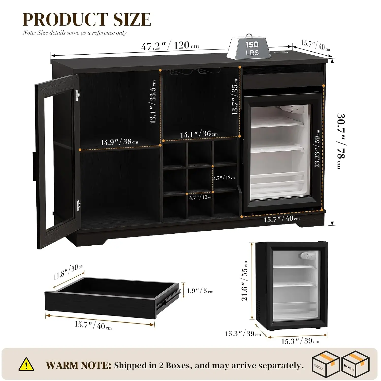 Coffee Bar Cabinet with Fridge (Fridge Included), Large Liquor Bar Cabinet with LED Lights, Glass Holder & Wine, Customized