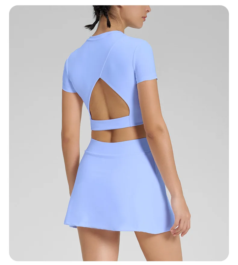 

2PCS Pad Sports Crop Tops Women Shirt Yoga Set Anti Shorts Skirt Workout Tennis Skirts Running Gym Wear Athletic Active Suit