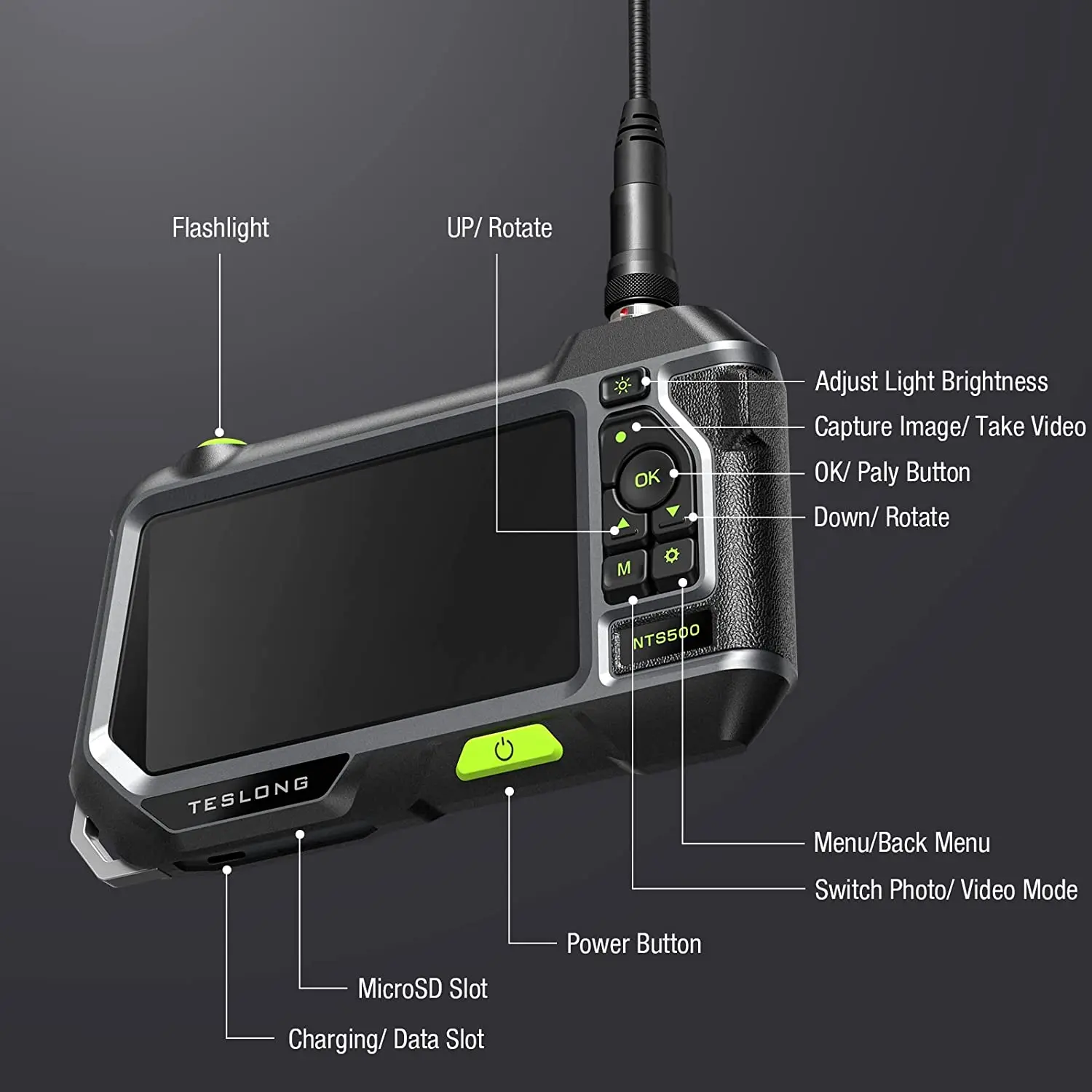 TESLONG NTS500 5.0MP Autofocus Endoscope Camera with 5 Inch IPS Screen Industrial Borescope for Car Inspection