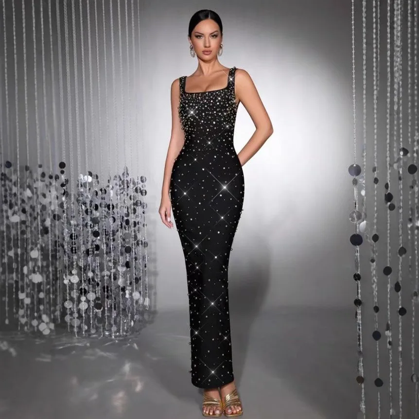 

European and American Sexy Suspender Luxury Heavy Industry Diamond Beads Slim Celebrity Temperament Bandage Dress Evening Dress