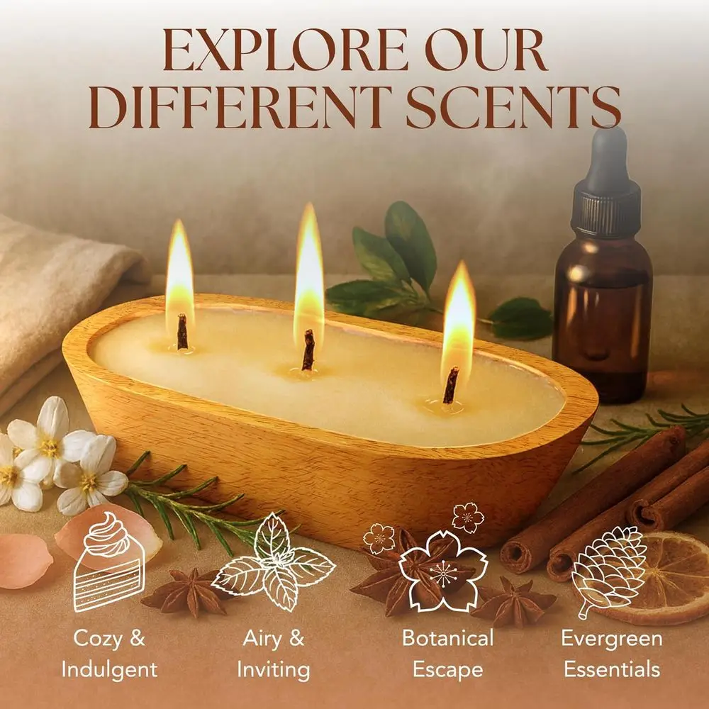 شمعة فانيليا لاتيه الصويا - 6 فتائل، وعاء خشبي 32 أونصة، ديكور ريفي، مزيل الرائحة، هدية طبيعية بالكامل #3