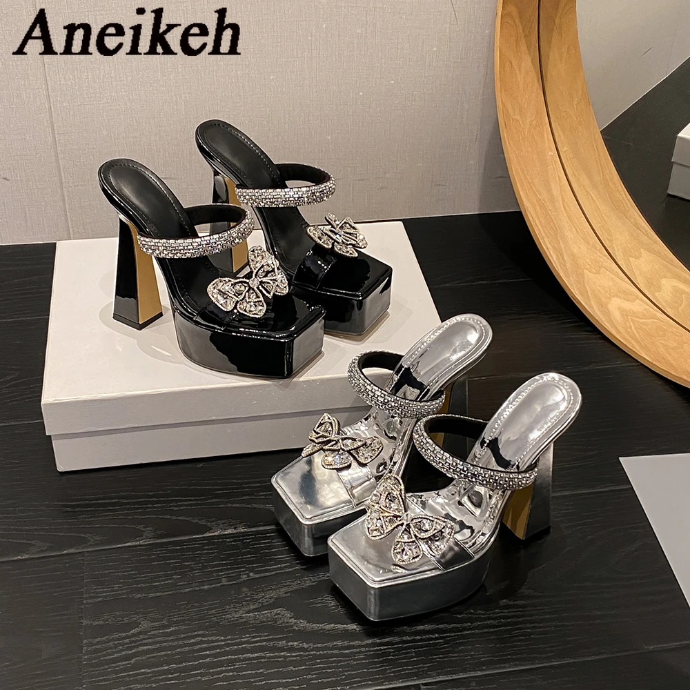 Aneikeh  Water Diamond Butterfly Super High Heel Platform Sandals Slippers Thick Heel Fashion Open Toe Wedding Shoes Sandalias