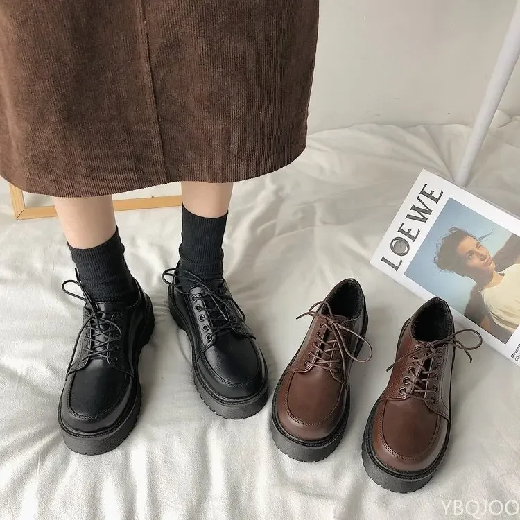 

Spring Autumn Women Oxford Shoes Flat on Platform Casual Shoes Black Lace Up Leather Shoes Sewing Round Toe zapatos mujer