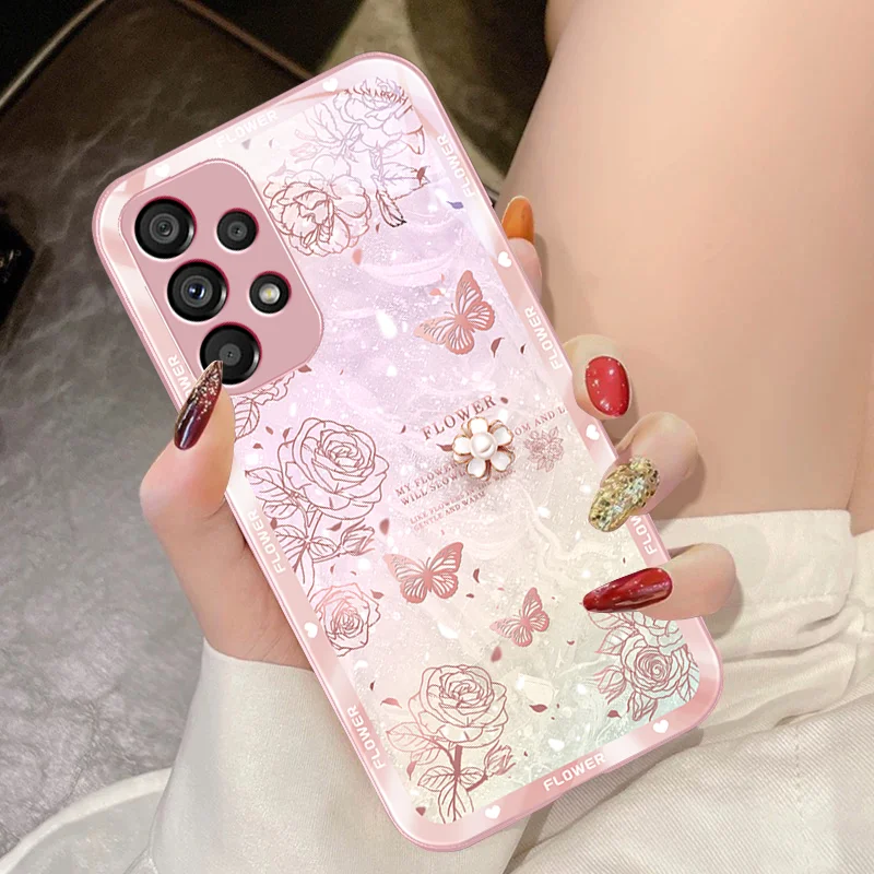 Crystal Flower Pink For Samsung Galaxy S10 4G S20 11E 30 S21 21Fe 22 S24 Pro S23 Ultra 5G S8 S9 Tempered Glass Phone Case