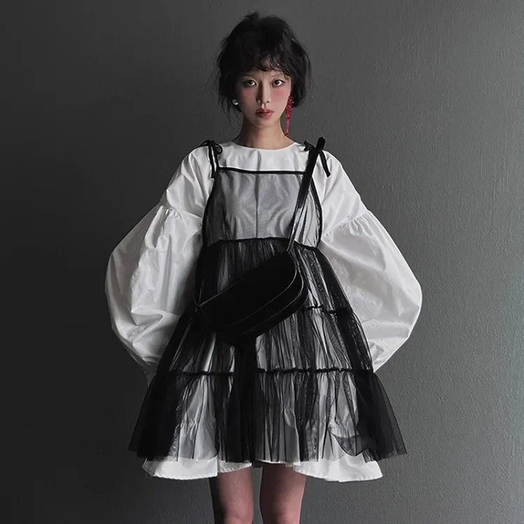 

Lantern Sleeve All-match White Shirts Dress For Women+ Y2k See Through Mesh Black Dresses Autumn New Two Piece Sets