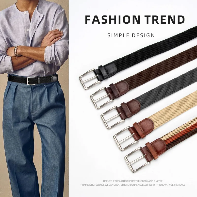 

Braided Elastic Leather No Holes Men Belt Woven Jeans Joker Causal Pants Belt for Mens