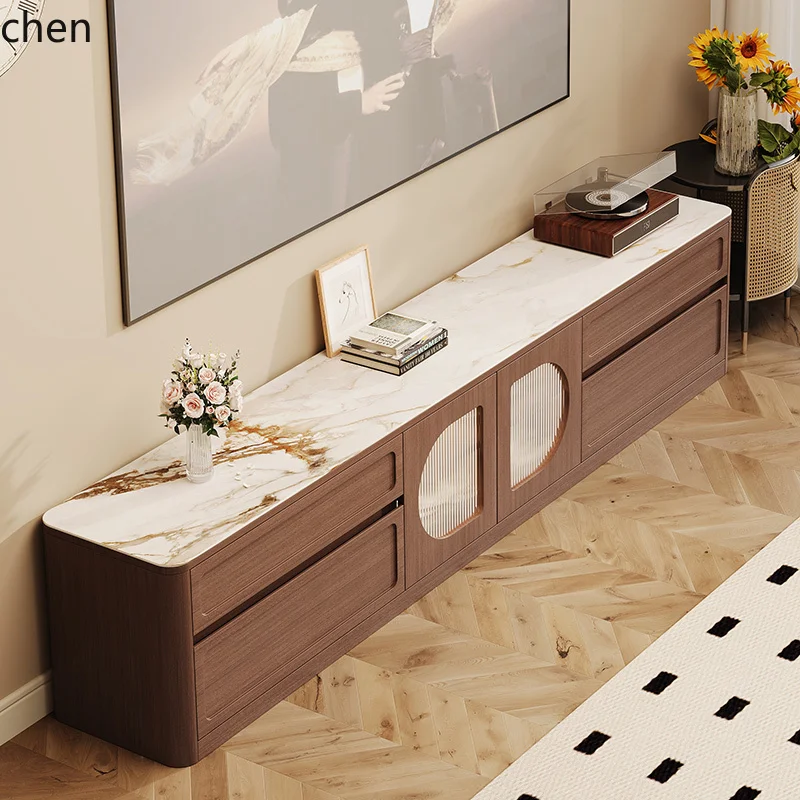 

ZML solid wood rock panel TV cabinet storage storage integrated antique living room household floor double floor cabinet
