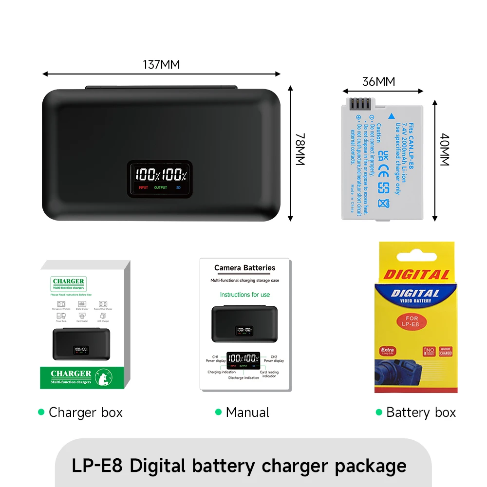 CITYORK LP-E8 LPE8 lp e8 Camera Battery+Storage Box LCD Dual Charger for Canon EOS 550D 600D 650D 700D X4 X5 X6i X7i T2i T3i