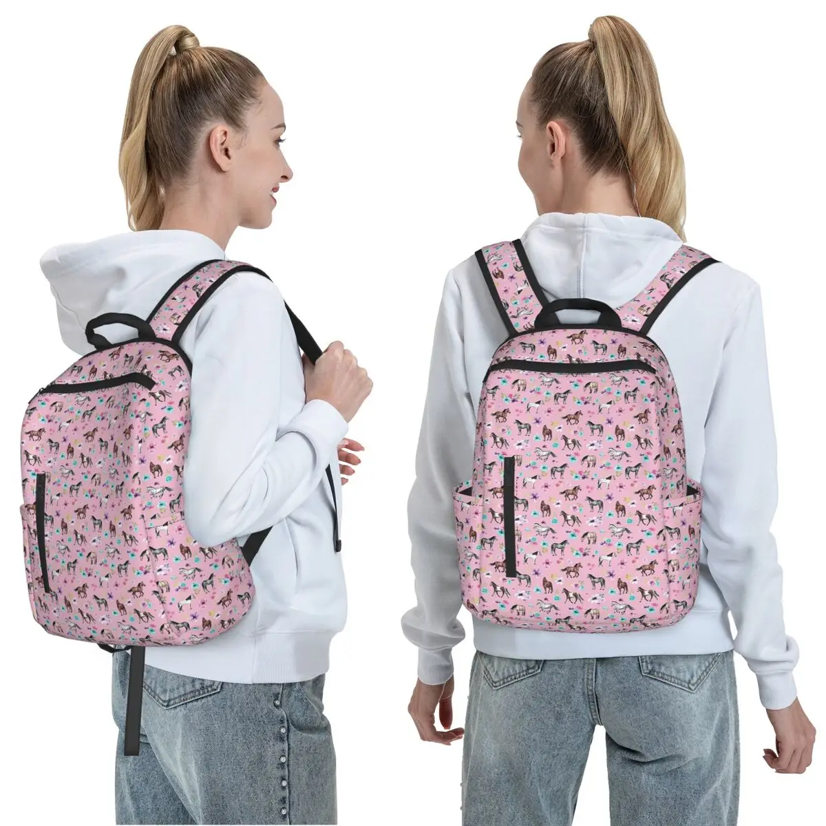 Horses And Flowers On Pink, Equestrian Art, Horse Decor Backpack Daypack Boys Girls BookBag School Bag Shoulder Bags Men Women