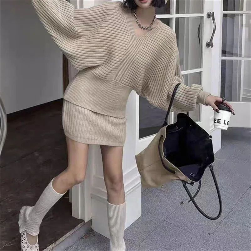 لطيف الرياح جو الخامس الرقبة محبوك قميص المرأة الخريف والشتاء مجموعة جديدة الخصر Cinching والتخسيس قطعتين مجموعة #5