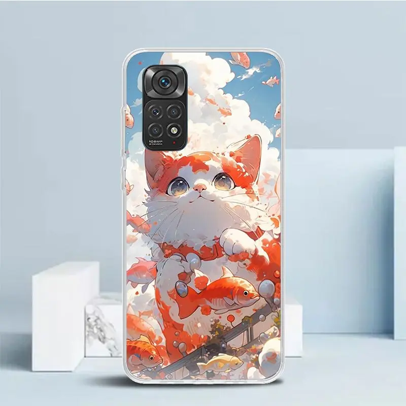 Cartoon Cute Cat Fish Aesthetic Phone Case For Xiaomi Redmi Note 13 12S 12 11S 11 11T 11E Pro Plus 10S 10 9S 9 8T 8 7 + Soft TPU