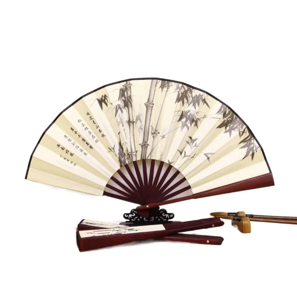 Bamboo Handle Folding Fan Silk Cloth Traditional Chinese Painting Hand Fan Laser Engraving Chinese Retro Style Bamboo Fan