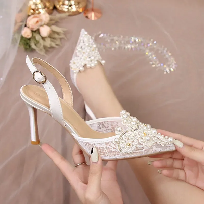 2024 White Wedding Shoes Bridesmaid Shoes Women's Lace Shoes Fashion High Heels Pearl Pumps